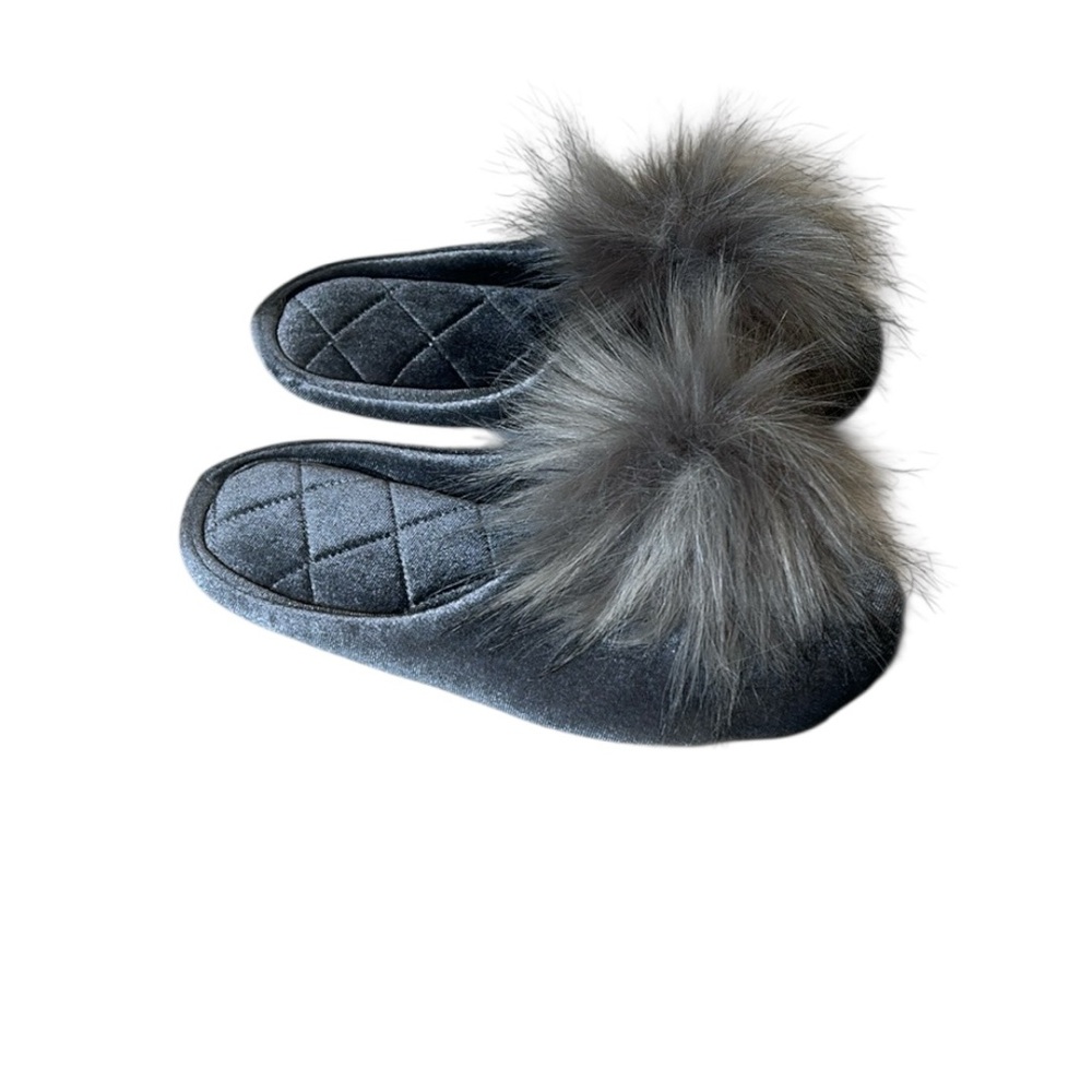 NWOT INC Size 7/8 M Women’s Silver Velvet Pom Pom Ballerina Slippers